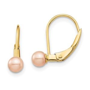14k Yellow Gold  Childrens 4-5mm Pink Round FW Cultured Pearl Leverback Earrings